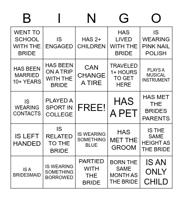 Bridal Shower Bingo Card
