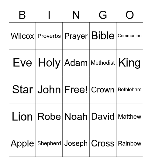 Sunday School Bingo Card