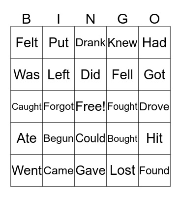Past Tense Verbs Bingo Card
