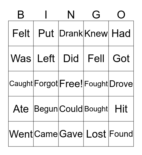 Past Tense Verbs Bingo Card