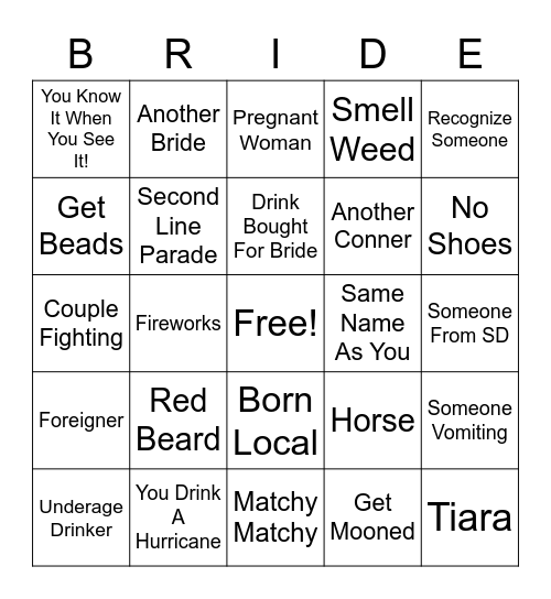 Bachelorette Bingo Card