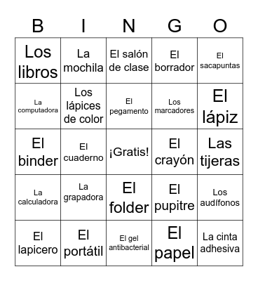 Los útiles escolares Bingo Card