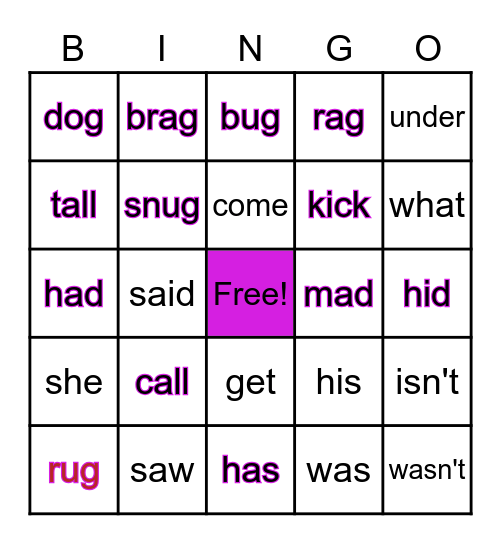 sight words and short vowels Bingo Card