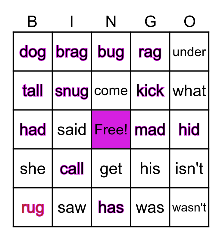 sight words and short vowels Bingo Card