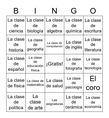 Las asignaturas Bingo Card