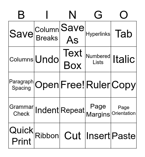 Microsoft Word Tutorial Bingo Card