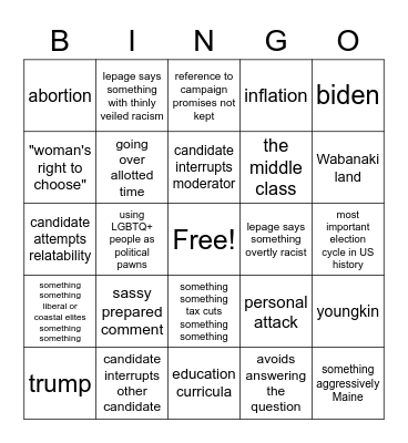 Maine Gov 2022 Debates Bingo Card