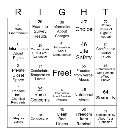 Residents Rights Bingo Card