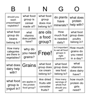 Food groups Bingo Card