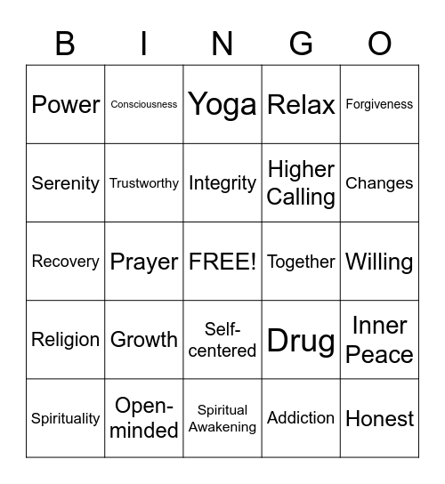 Spirituality and the 12 Steps Bingo Card