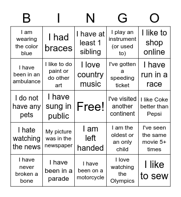Life Experience Bingo! Bingo Card