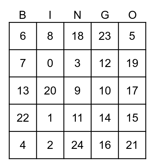 Numbers 1 -20 Bingo Card