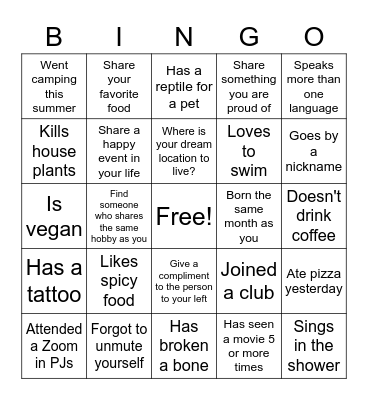 Ice Breaker Bingo Card