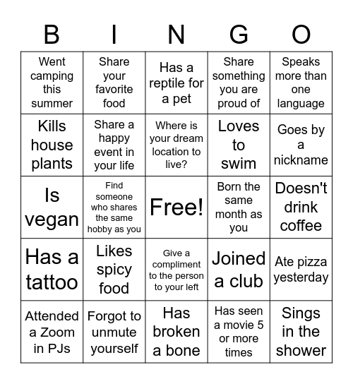 Ice Breaker Bingo Card