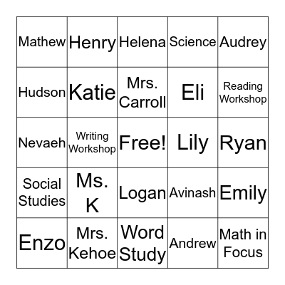 Room 9's Bingo! Bingo Card