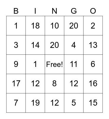 Addition to 20 and Doubles Bingo Card
