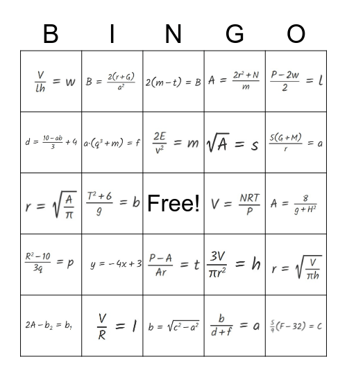 Literal Equations Bingo Card