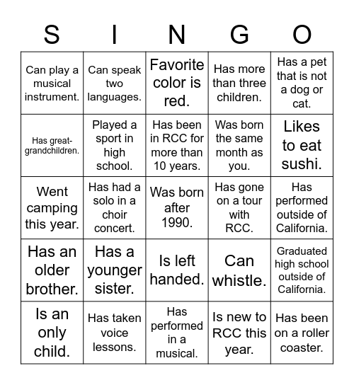 SINGO - Find someone who... Bingo Card