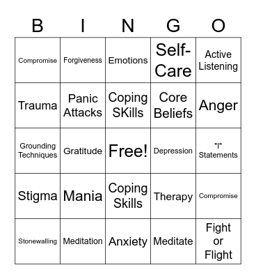 Psychoeducation Bingo Card