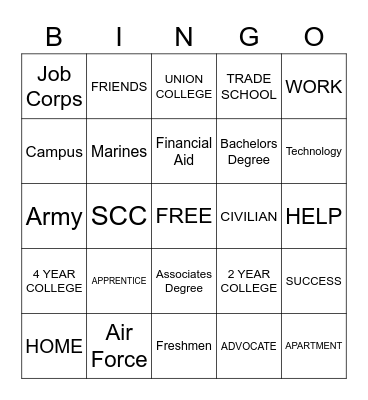 Post- Secondary Options Bingo Card