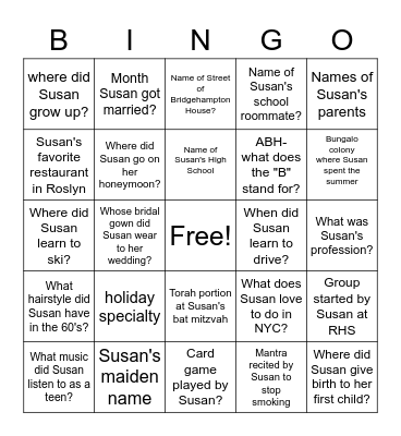All About Susan on her 80th Birthday Bingo Card
