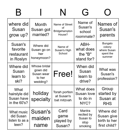 All About Susan on her 80th Birthday Bingo Card