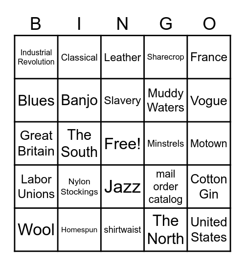 Music and Fashion BINGO Card