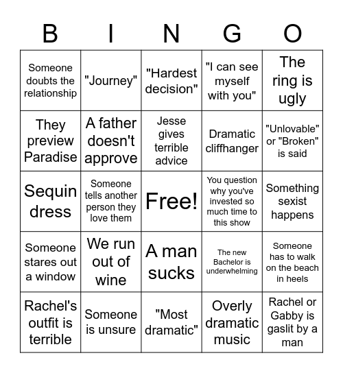 Bachelorette Finale Bingo Card