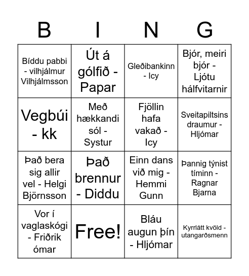 Tónlistabingó Hornbrekka Bingo Card