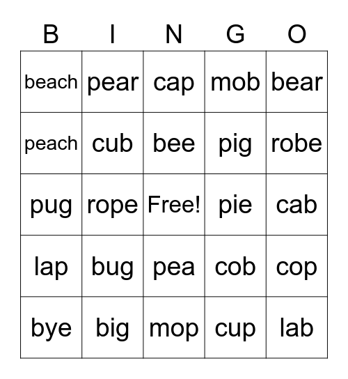 Minimal Pairs b & p Bingo Card