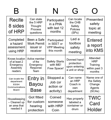 CHB SEET Safety Bingo Card