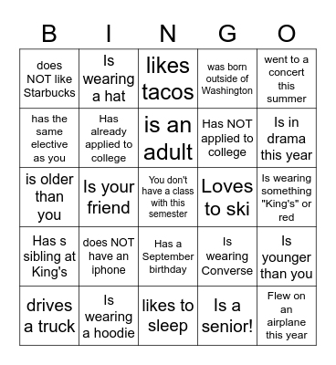 King's Senior Bingo           Find someone who... Bingo Card