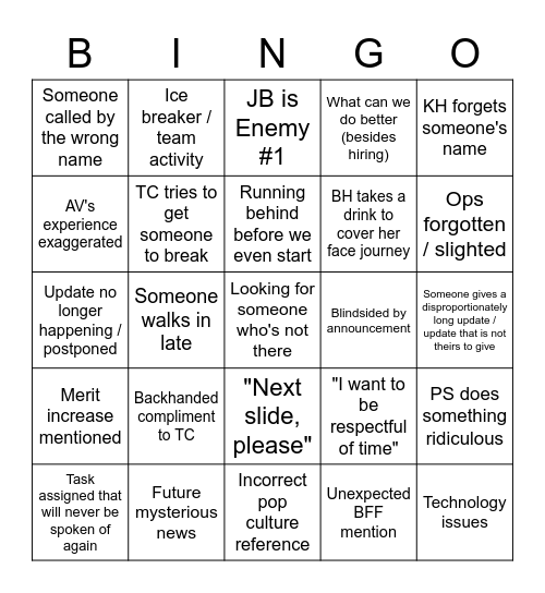 All Staff Bingo Card