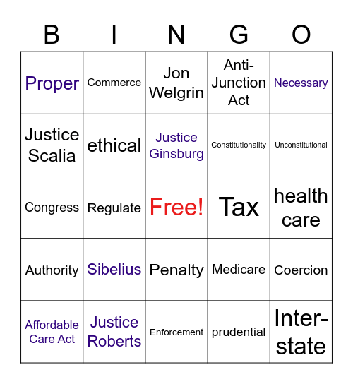 Necessary and Proper Clause Bingo Card
