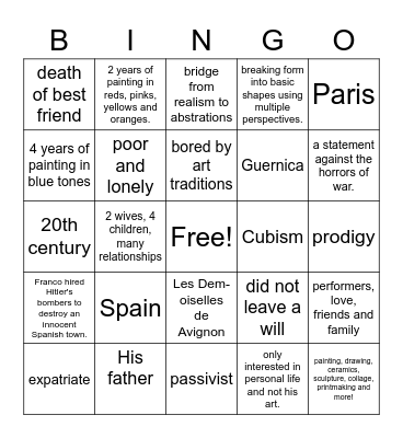 Pablo Picasso Bingo Card