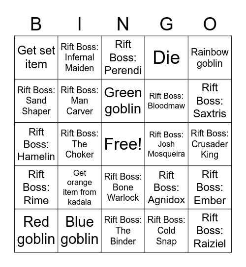 Diablo 3 Bingo: Rifts Bingo Card