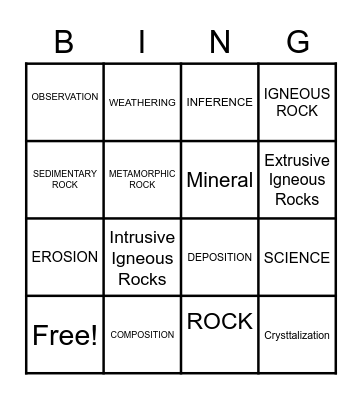 Rocks and Minerals Bingo Card