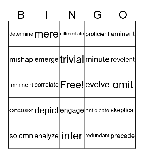 ACT VOCABULARY BINGO Card