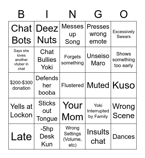 Yoki Outfit Debut Bingo Card