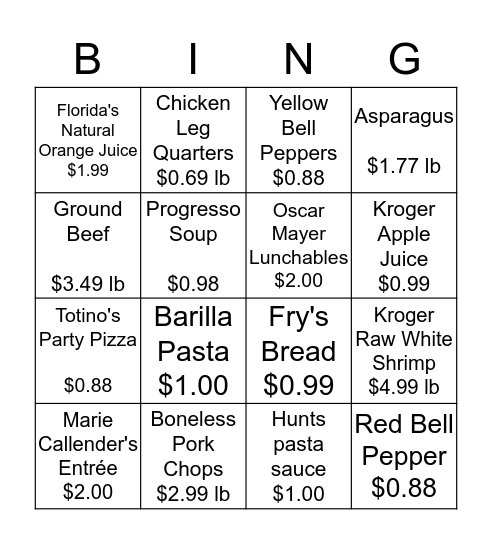 Fry's Grocery store Bingo Card