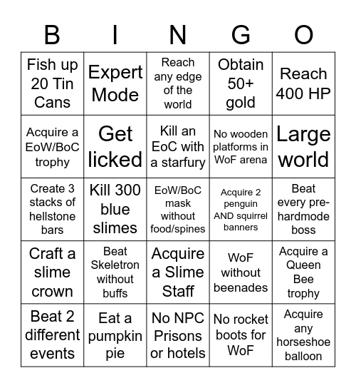 Terraria Pre-Hardmode Bingo Challenge Bingo Card
