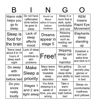 SLEEP HYGIENE FOR TEENAGERS Bingo Card