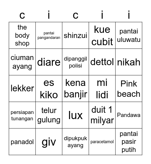 punya chichi Bingo Card