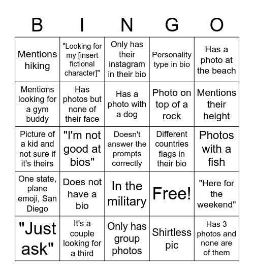 Tinder Bingo Card