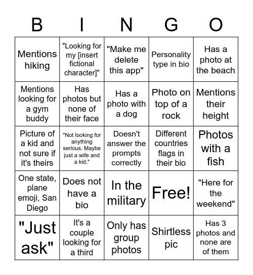 Tinder Bingo Card