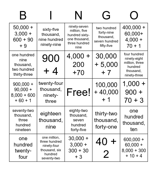 Number names and expanded form Bingo Card