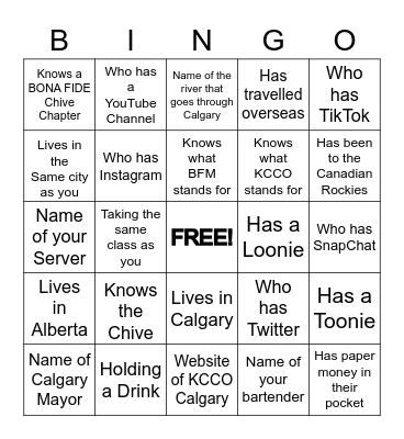 KCCO Calgary Human Bingo Card