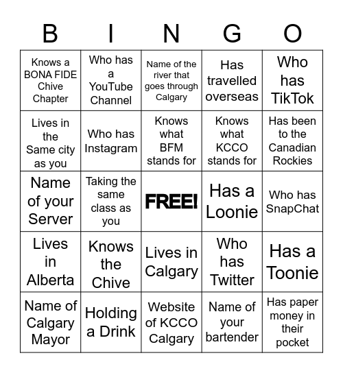 KCCO Calgary Human Bingo Card