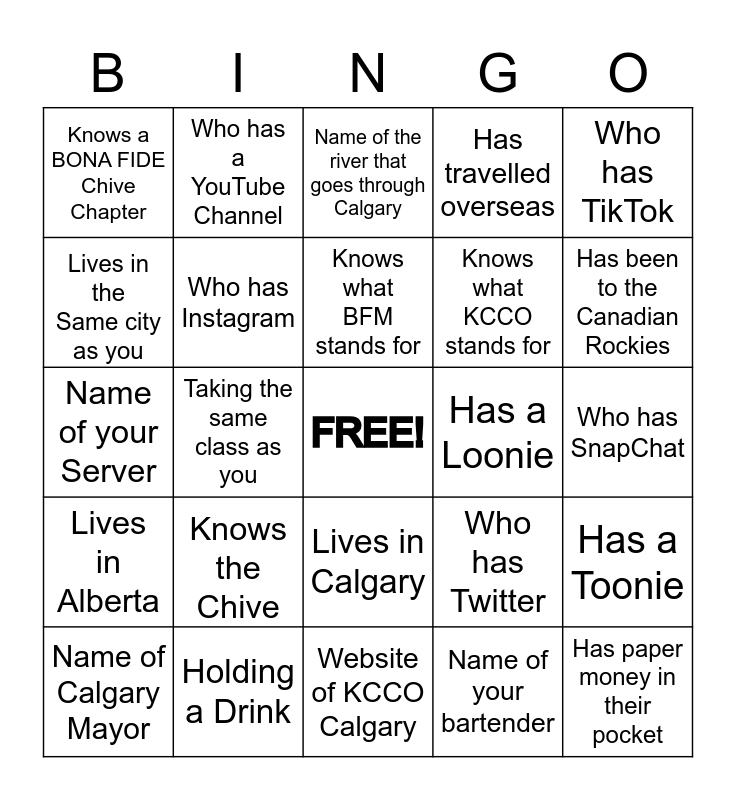 KCCO Calgary Human Bingo Card