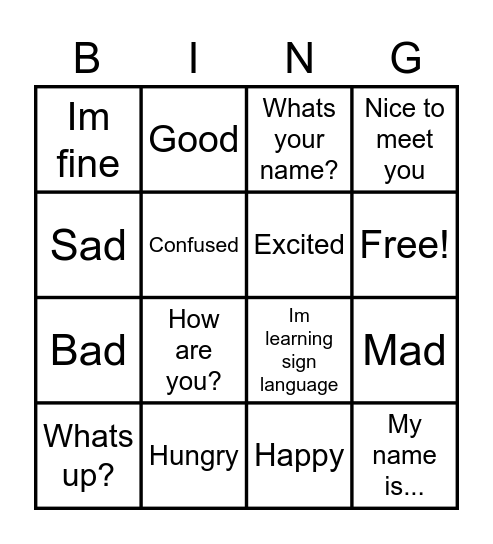 American Sign Language Bingo! Bingo Card